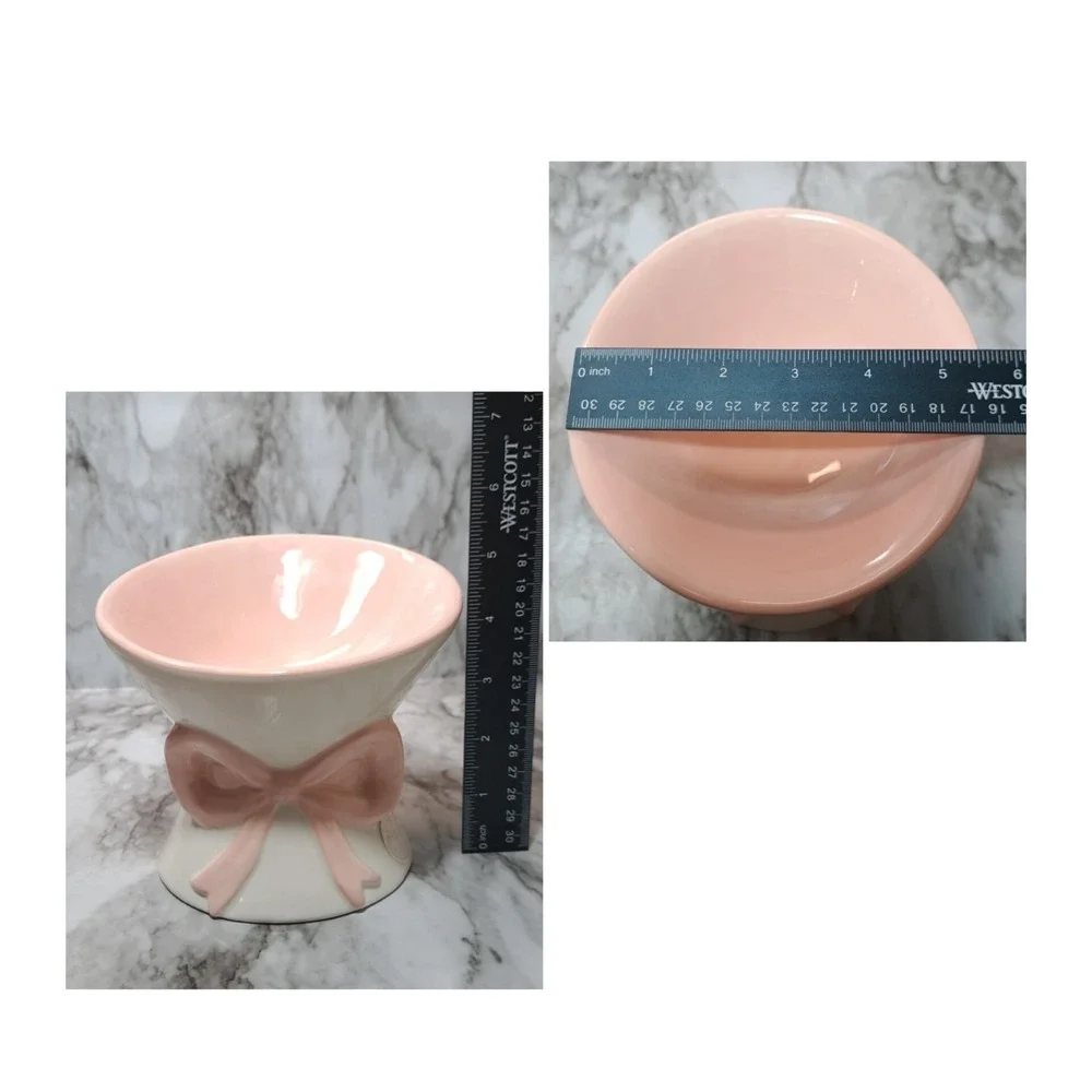 Mellow & Mod Pink /White Bow Cat Drinking Water Tall Bowl Hand Painted